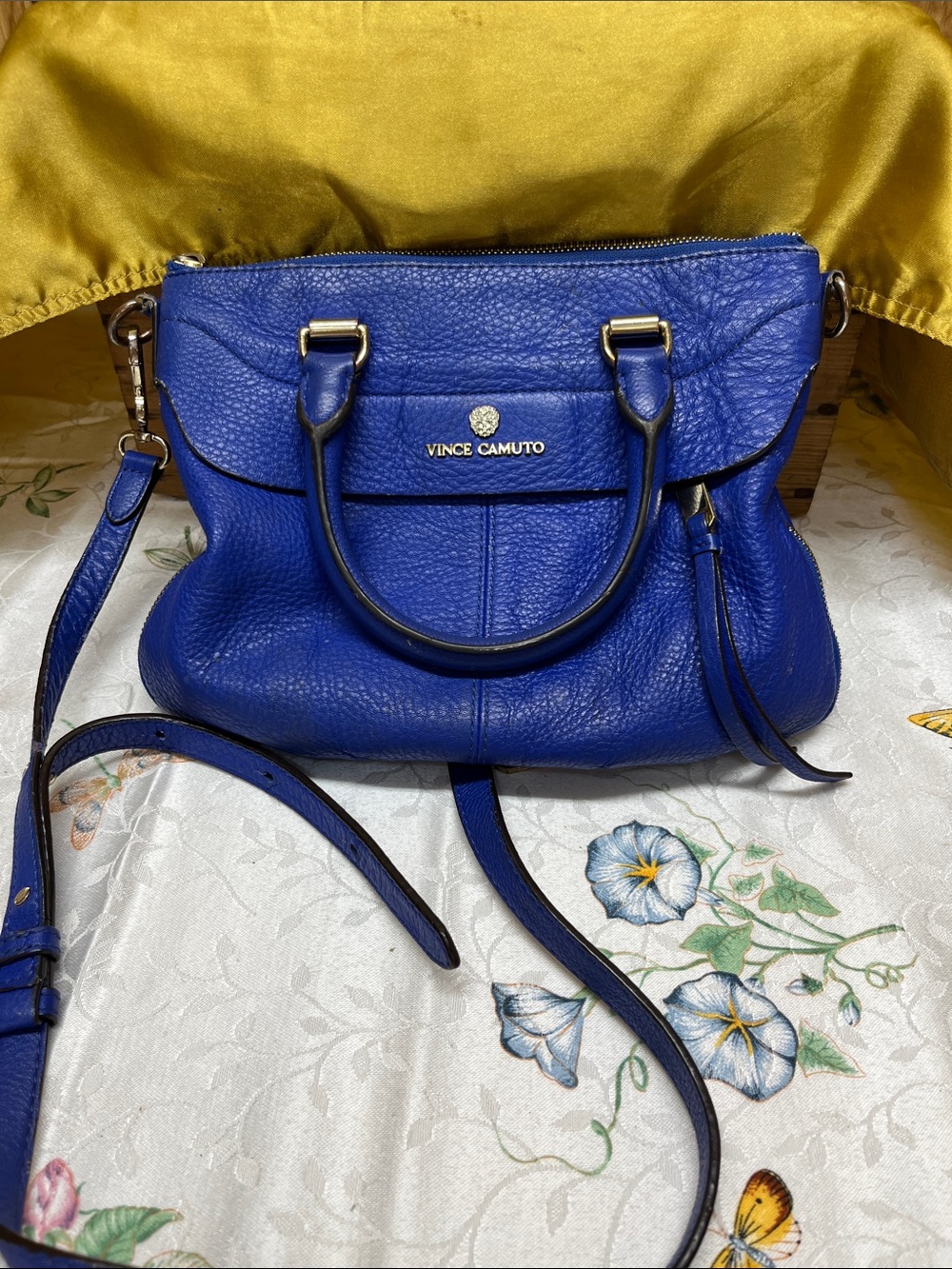 Vince Camuto Royal Blue Pebbled Leather Satchel with Gold Hardware